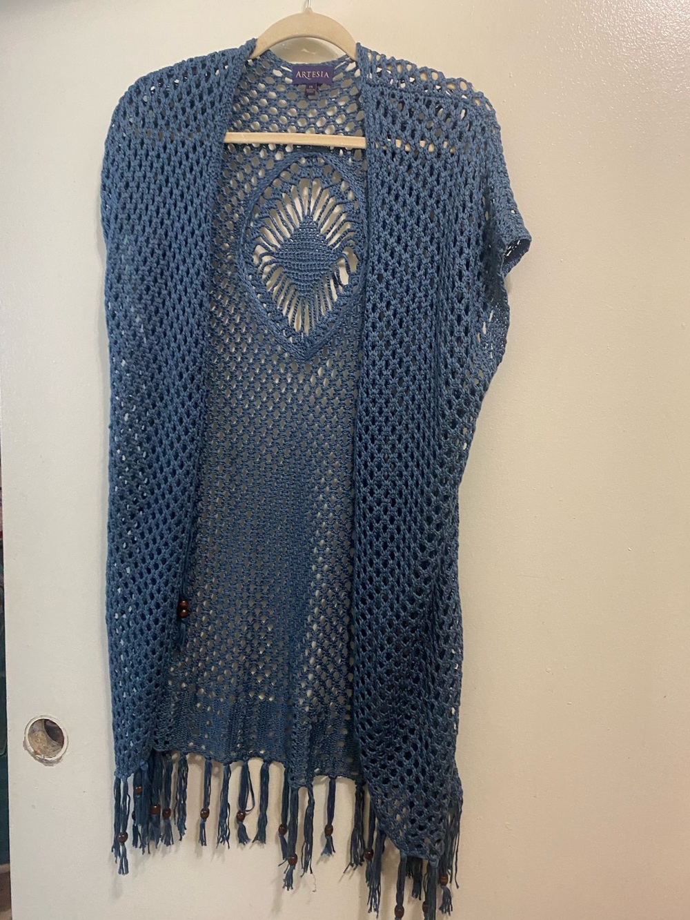 Artesia Womens M 38” Blue Crochet Cardigan Sweater Tassel Fringe Bottom Boho
